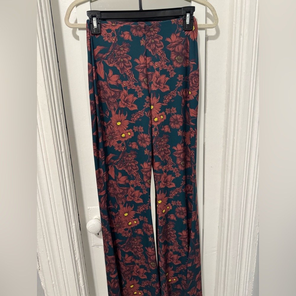 Zara Teal and Red Floral Wide Leg Pants
